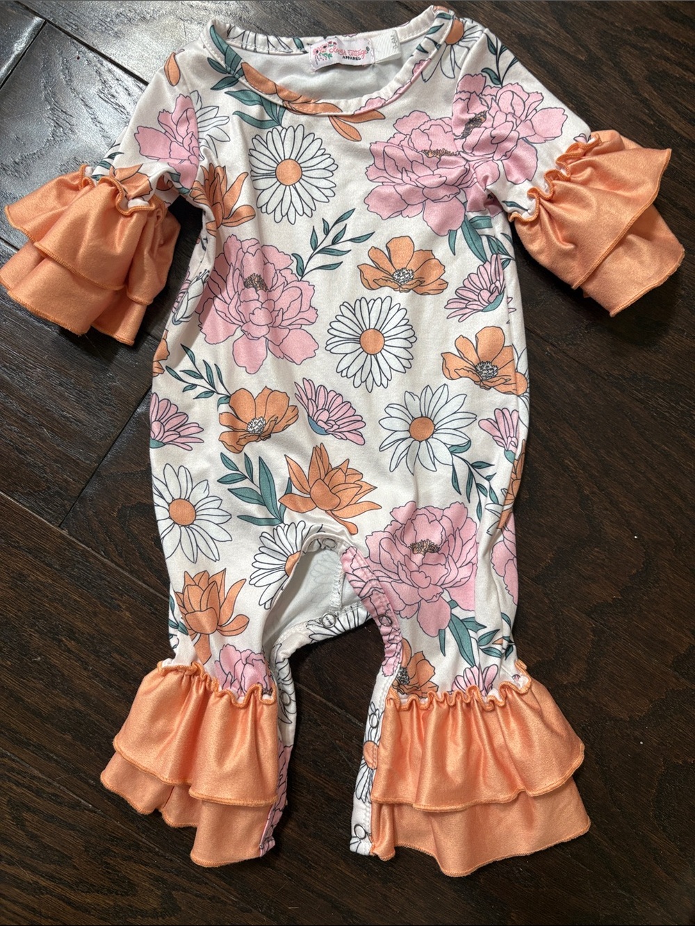 Floral Ruffle Baby Romper in Peach and Pink size 0-6months